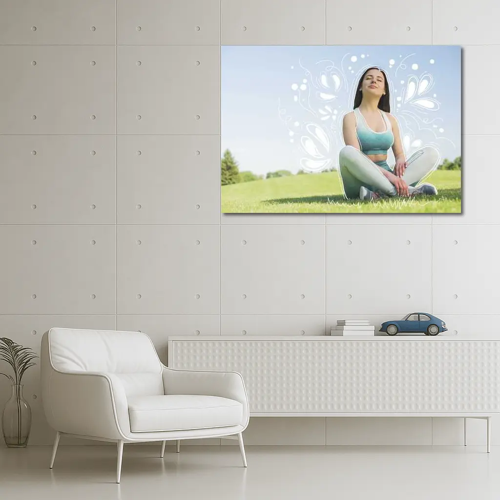 Woman Meditating Outdoors Park Floral Design – Wall Art