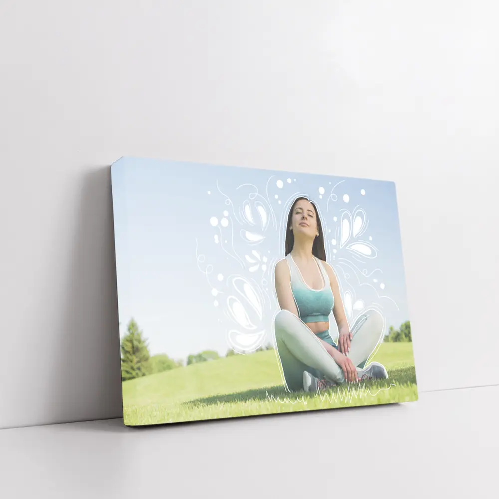 Woman Meditating Outdoors Park Floral Design – Wall Art