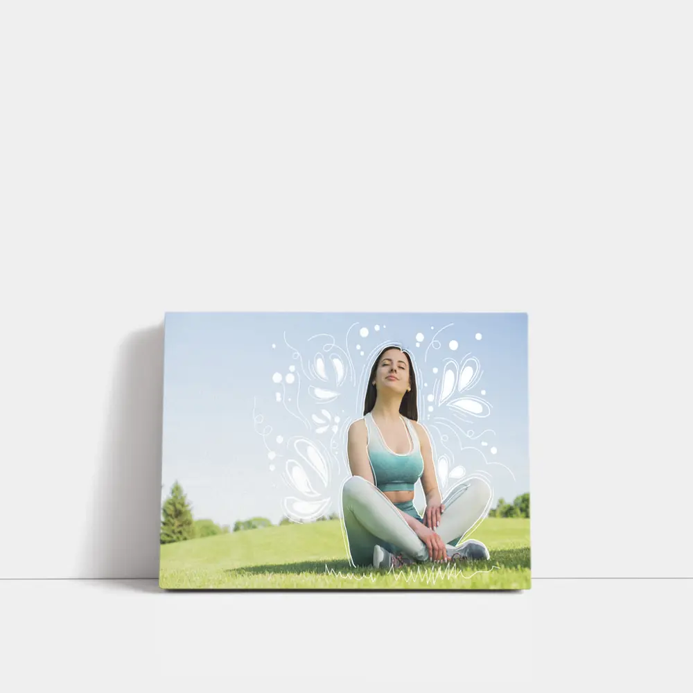 Woman Meditating Outdoors Park Floral Design – Wall Art