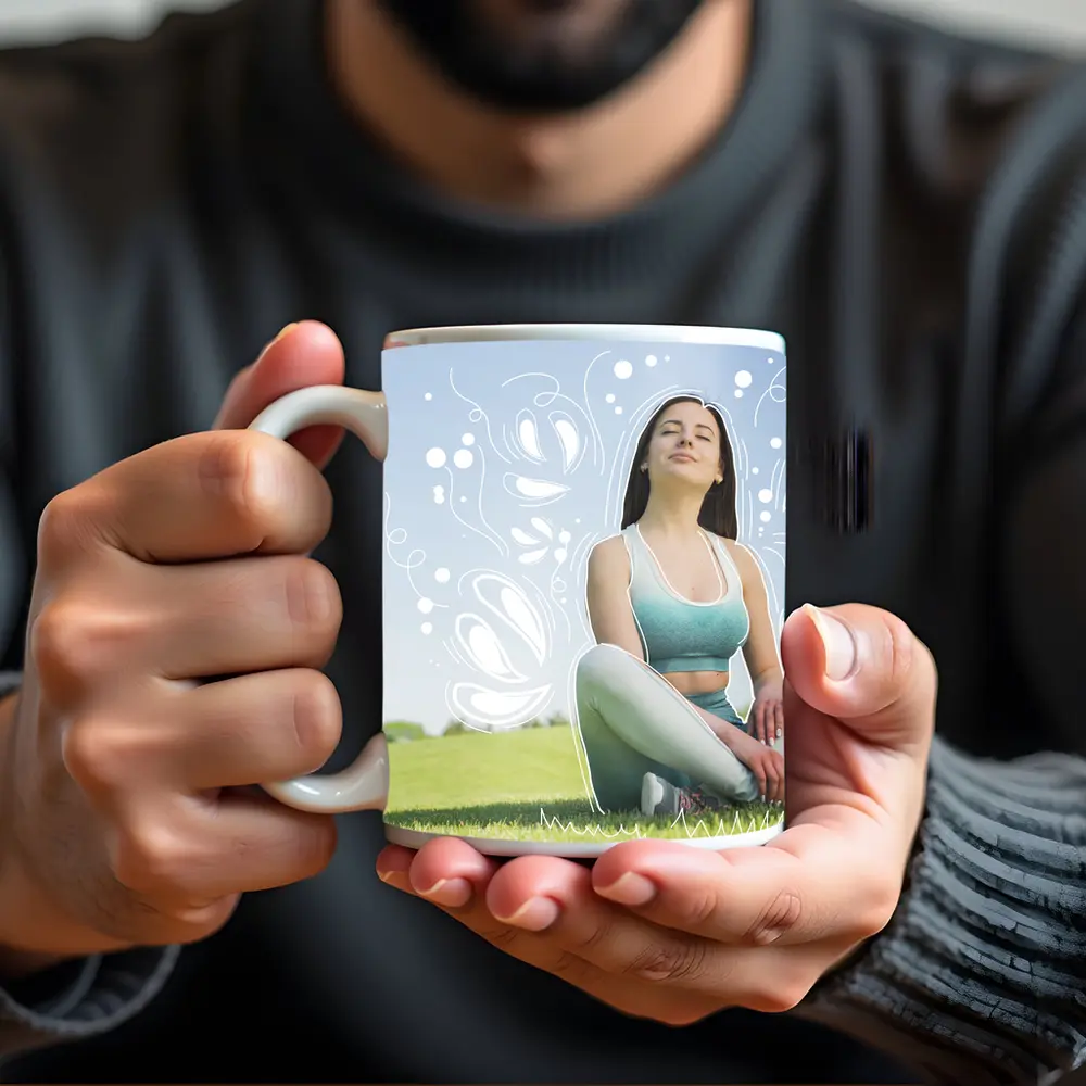 Woman Meditating Outdoors Park Floral Design – Mugs