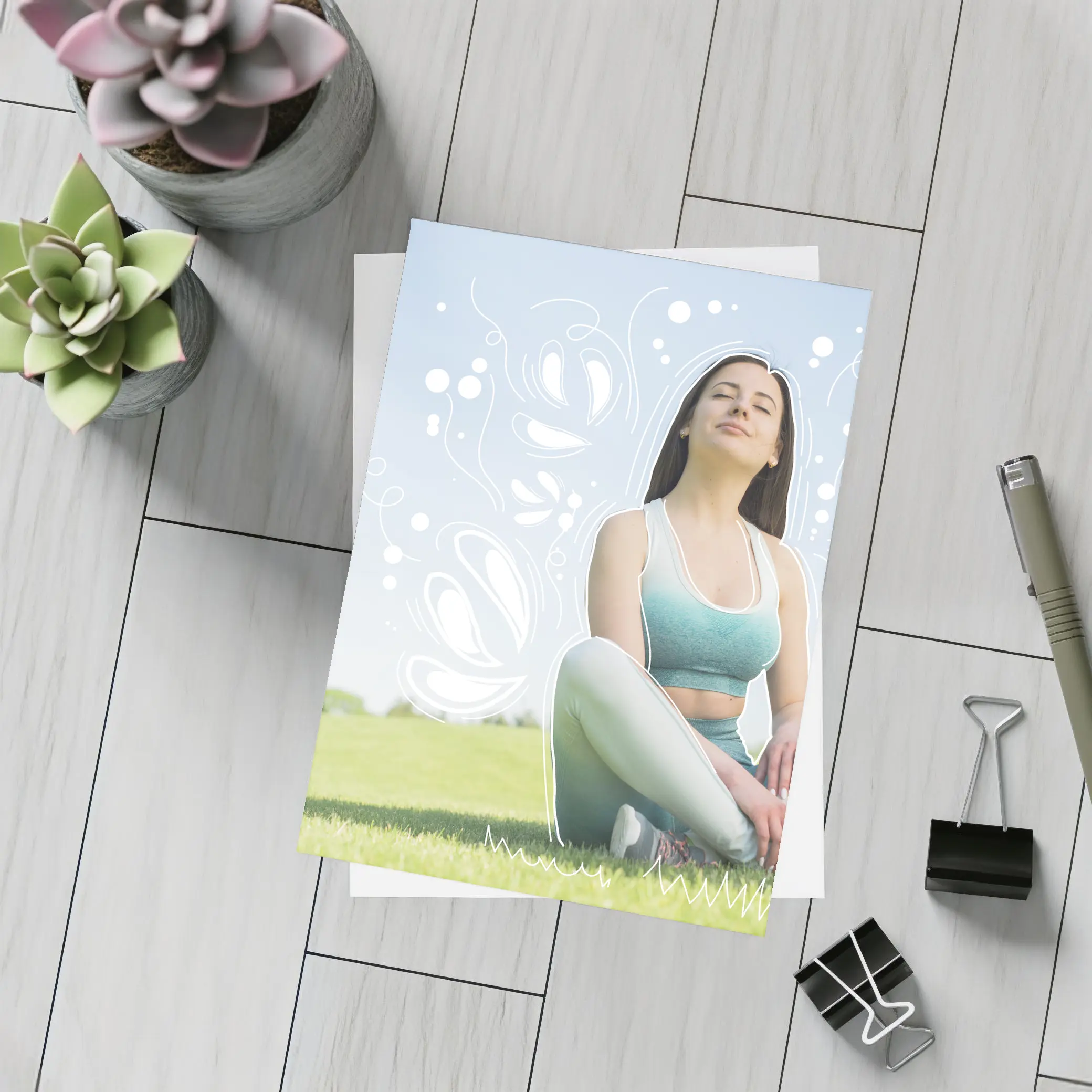 Woman Meditating Outdoors Park Floral Design – Postcards