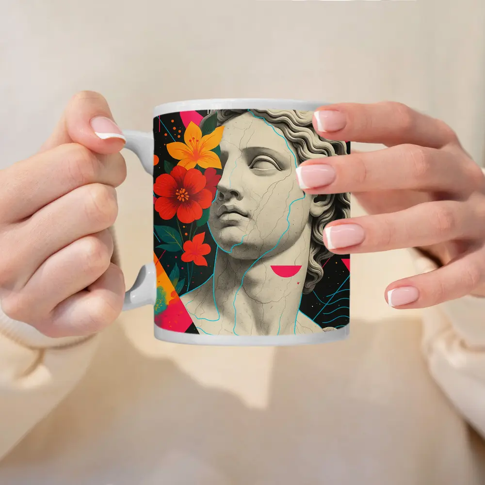 Greek Statue Pop Art Colorful Floral Background – Mugs
