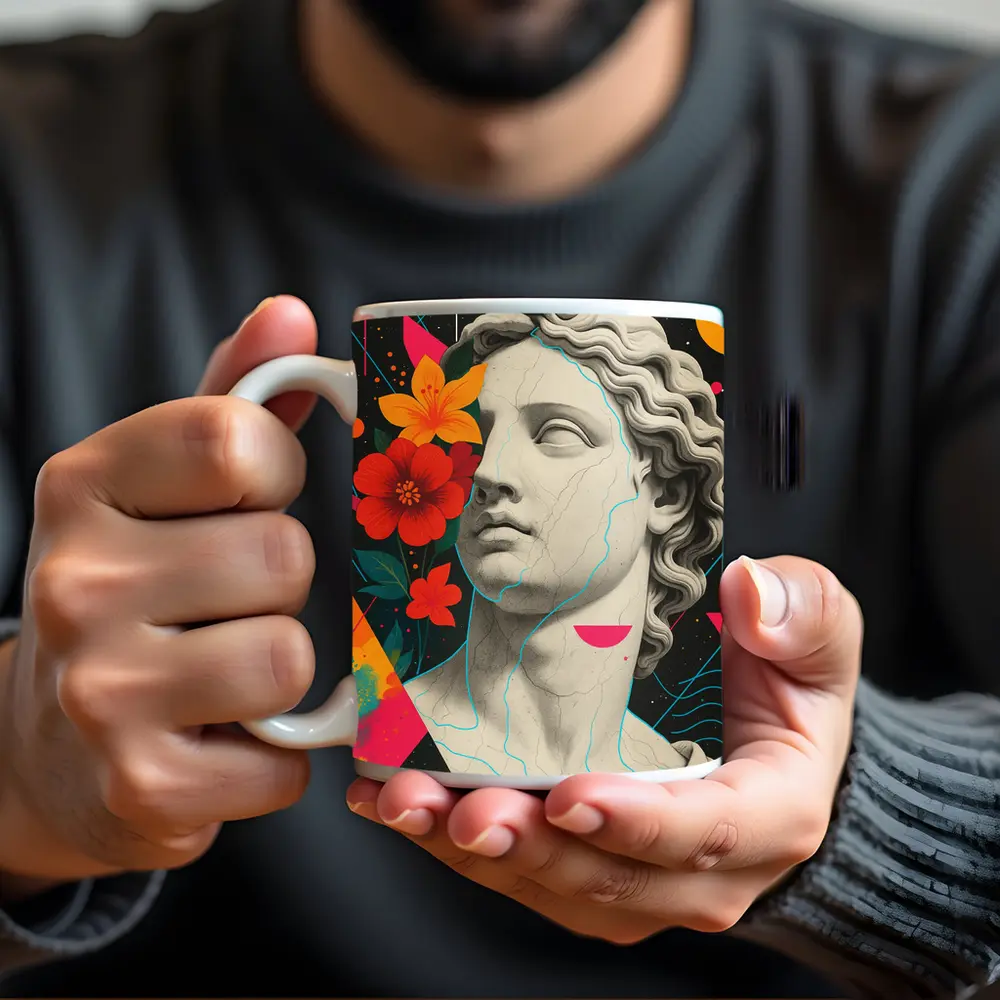 Greek Statue Pop Art Colorful Floral Background – Mugs