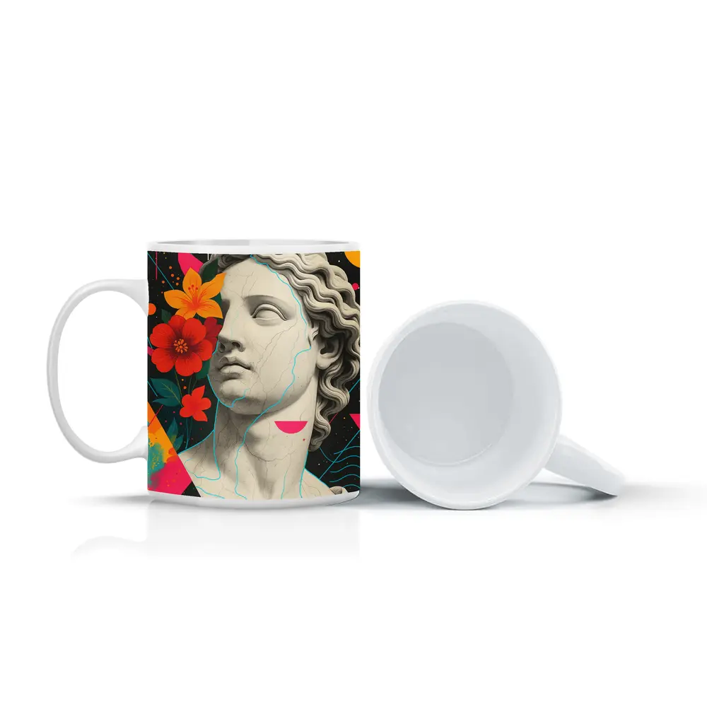 Greek Statue Pop Art Colorful Floral Background – Mugs