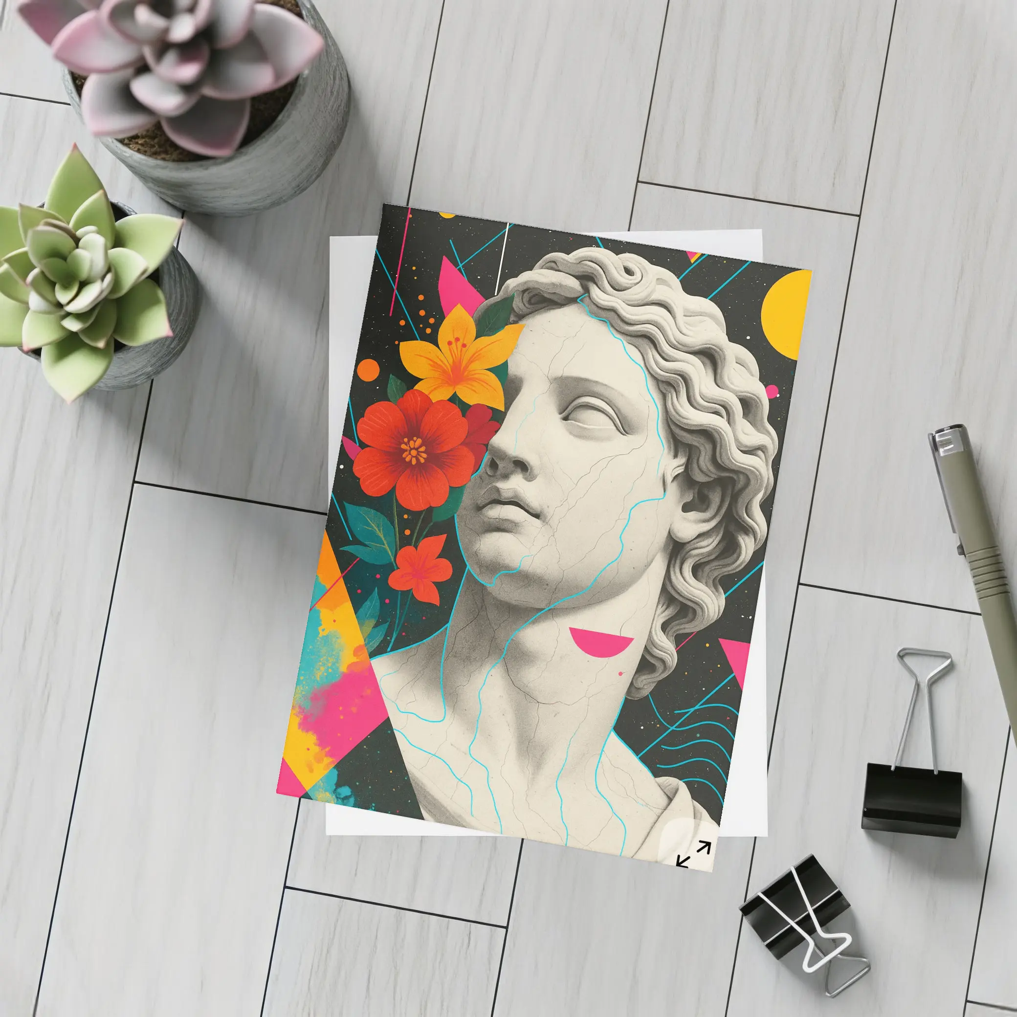 Greek Statue Pop Art Colorful Floral Background – Postcards