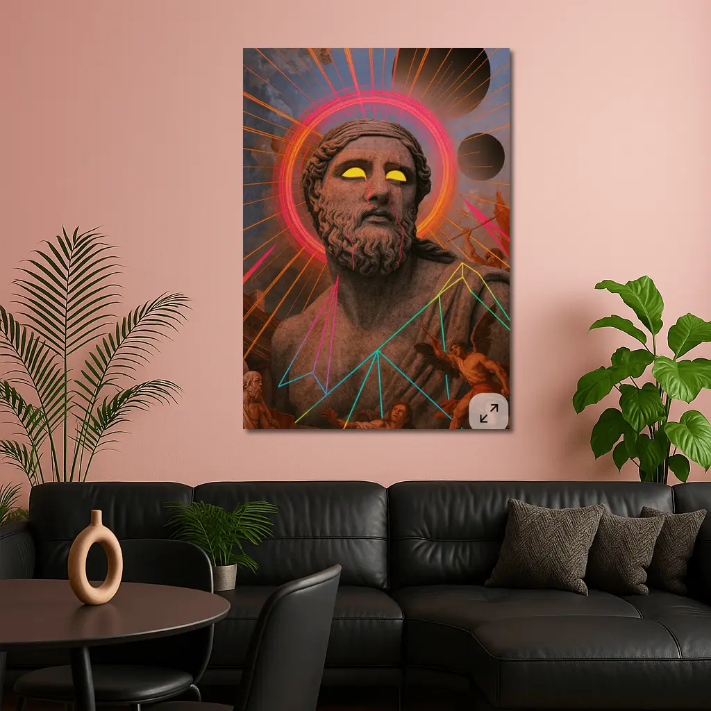 Neon Greek God Statue Surreal Collage Art – Wall Art