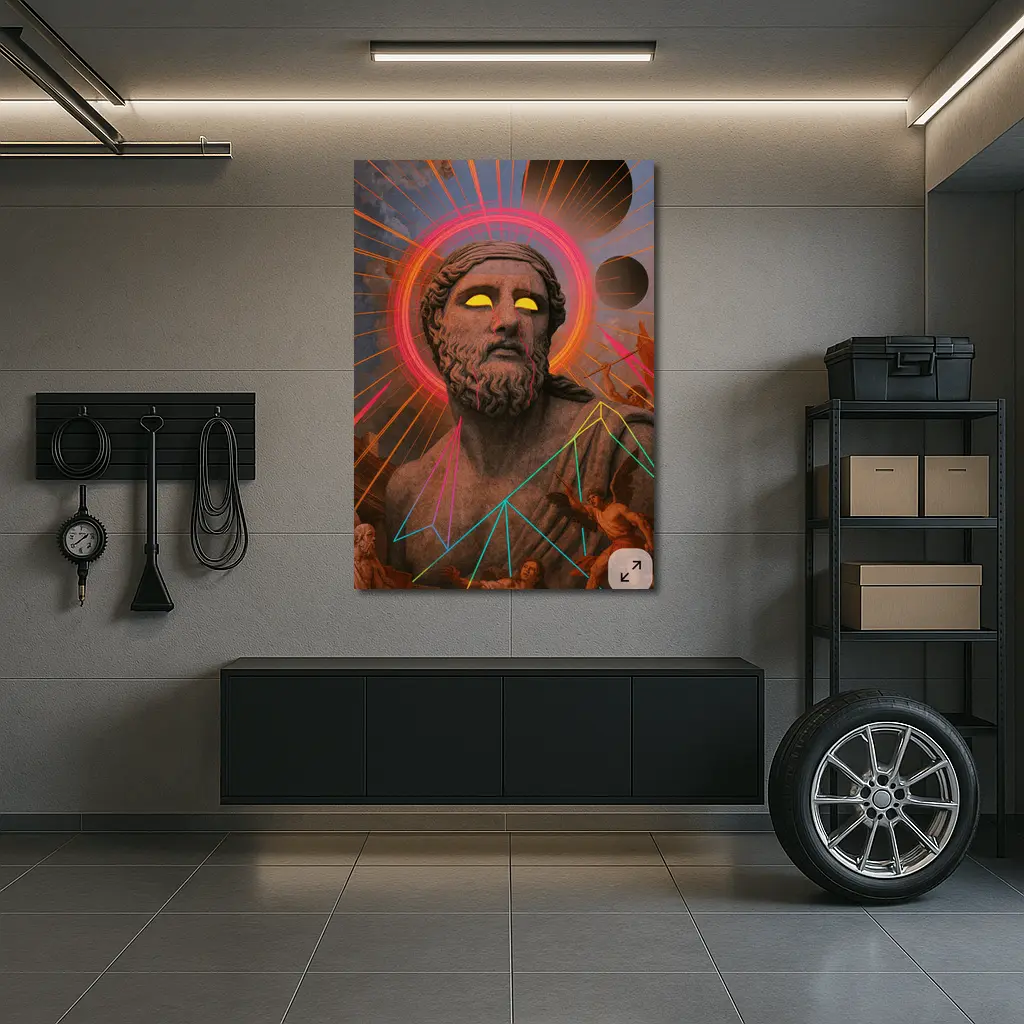 Neon Greek God Statue Surreal Collage Art – Wall Art