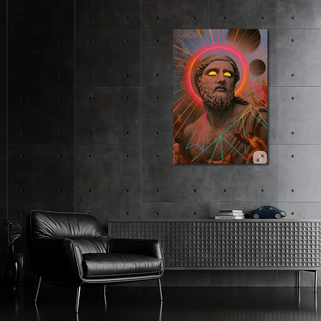 Neon Greek God Statue Surreal Collage Art – Wall Art