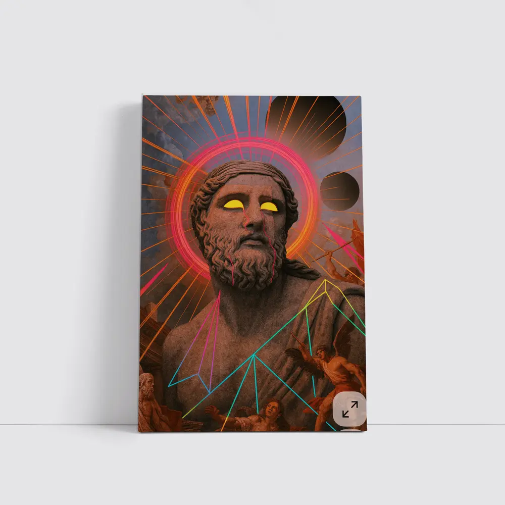 Neon Greek God Statue Surreal Collage Art – Wall Art