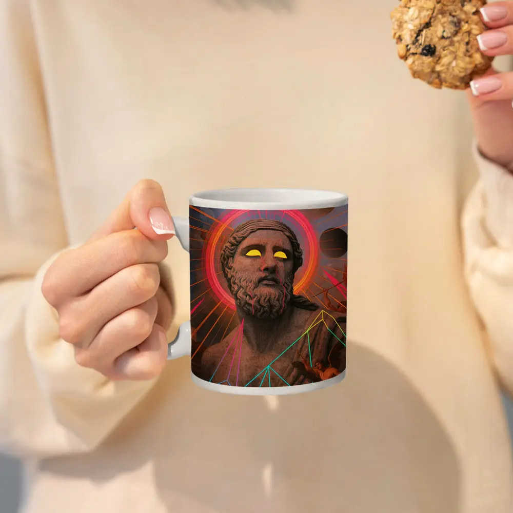Neon Greek God Statue Surreal Collage Art – Mugs