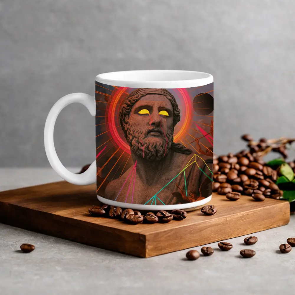 Neon Greek God Statue Surreal Collage Art – Mugs