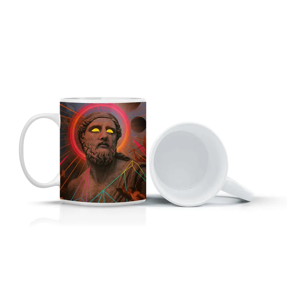 Neon Greek God Statue Surreal Collage Art – Mugs