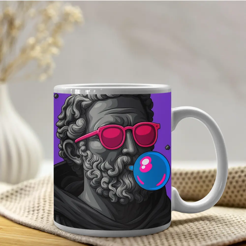 Greek Statue Sunglasses Bubble Gum Purple Background – Mugs