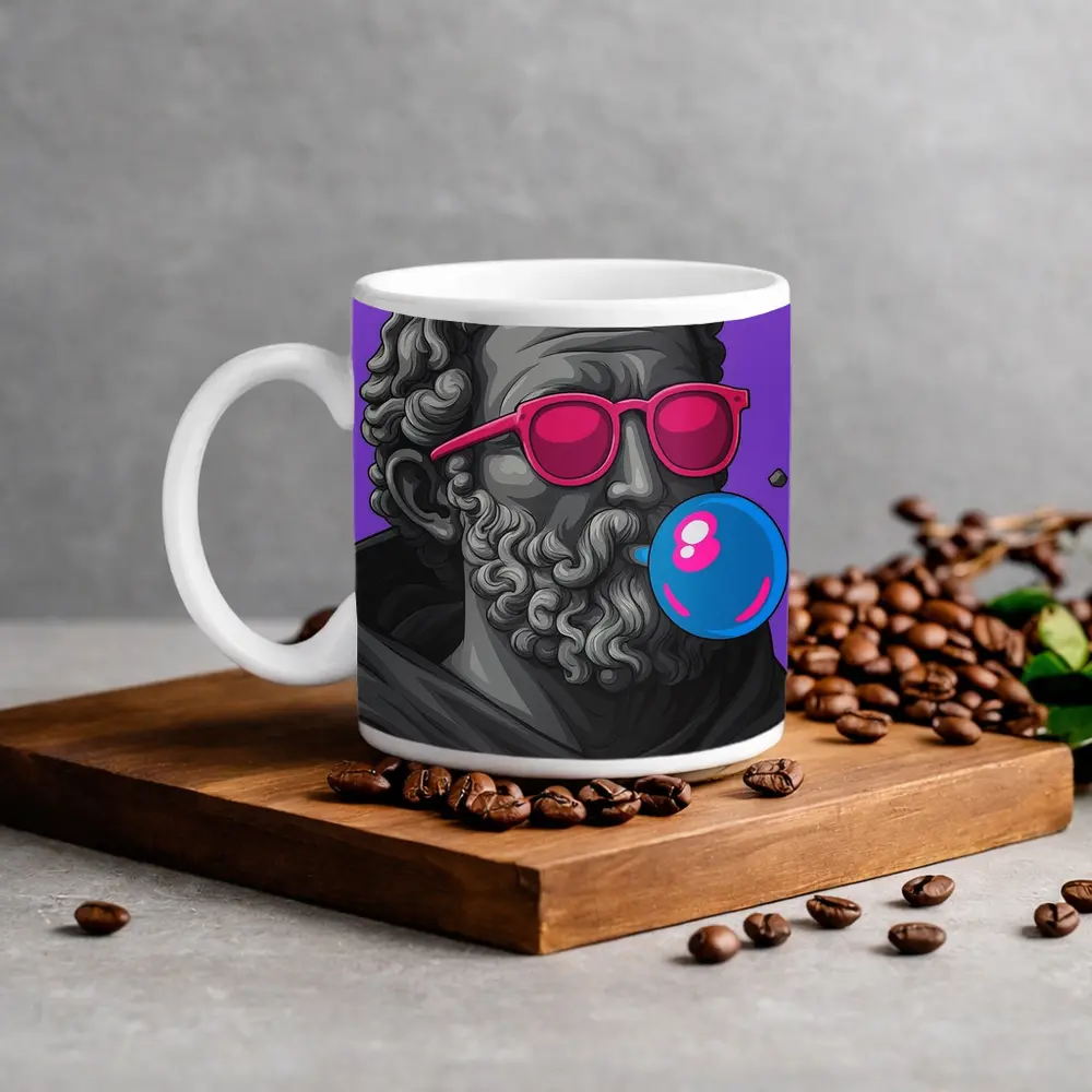 Greek Statue Sunglasses Bubble Gum Purple Background – Mugs