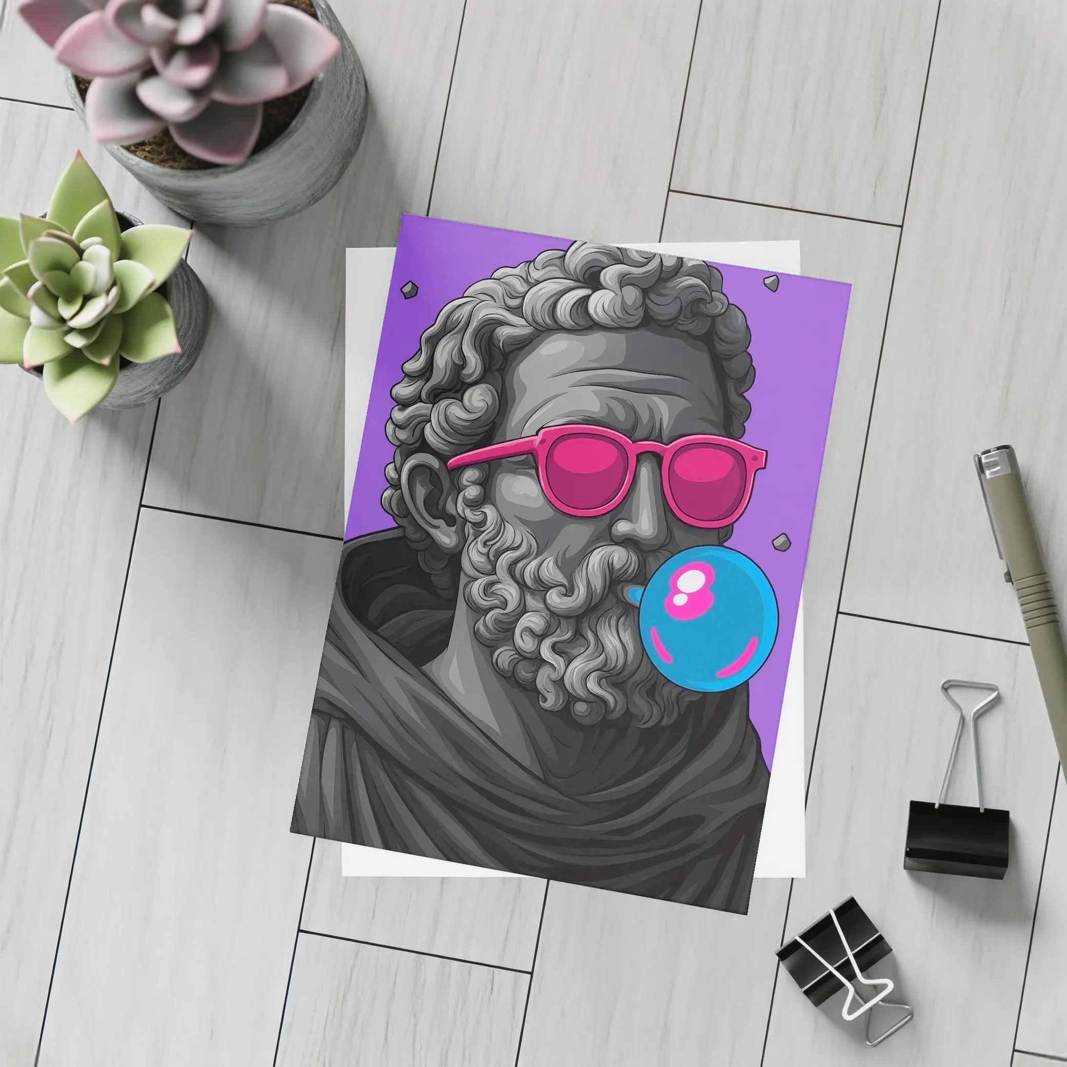 Greek Statue Sunglasses Bubble Gum Purple Background – Postcards