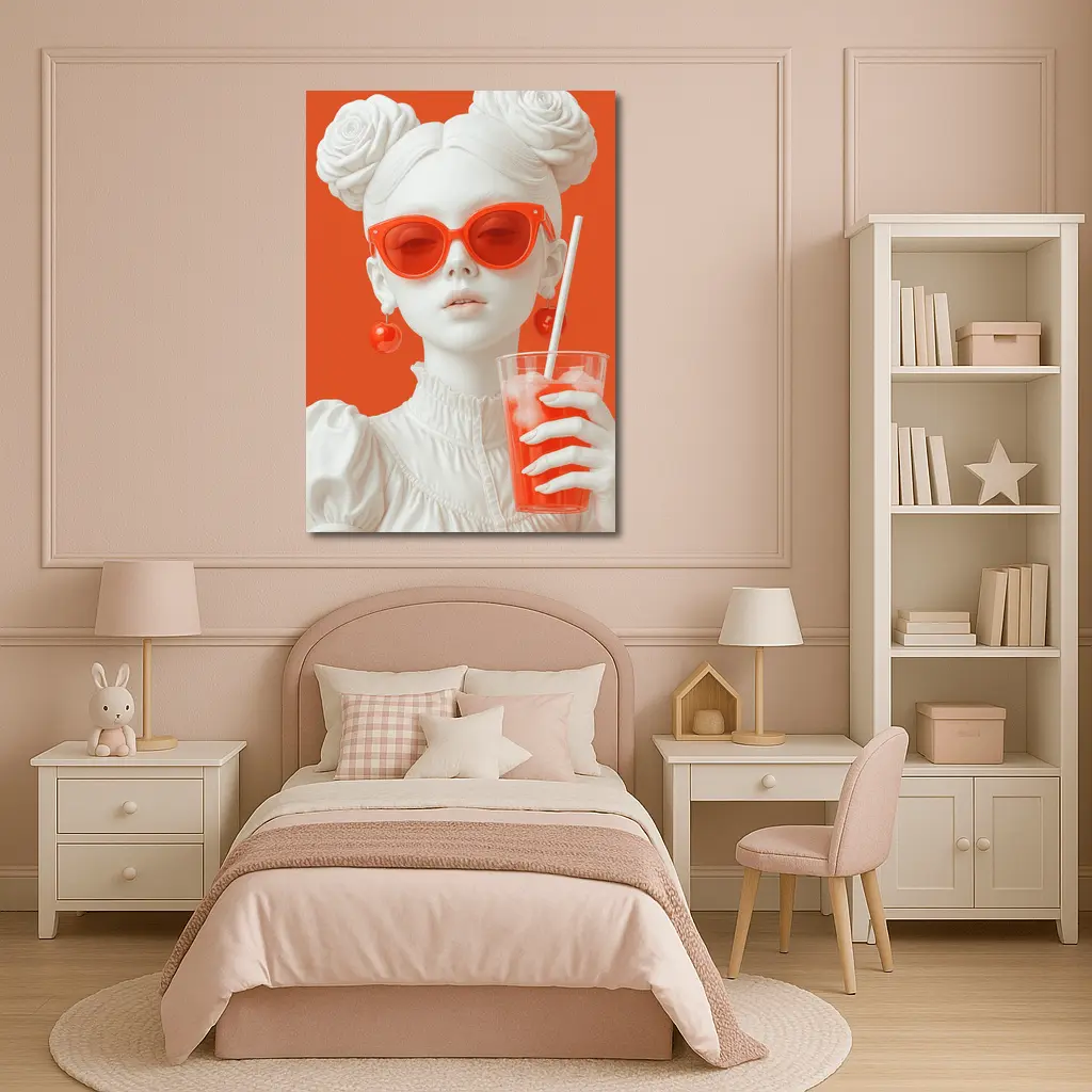 White Sculpture Girl Red Sunglasses Orange Background – Wall Art