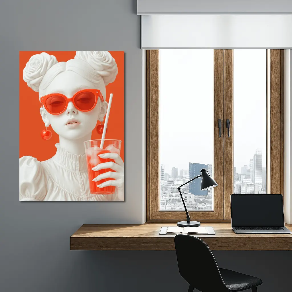 White Sculpture Girl Red Sunglasses Orange Background – Wall Art