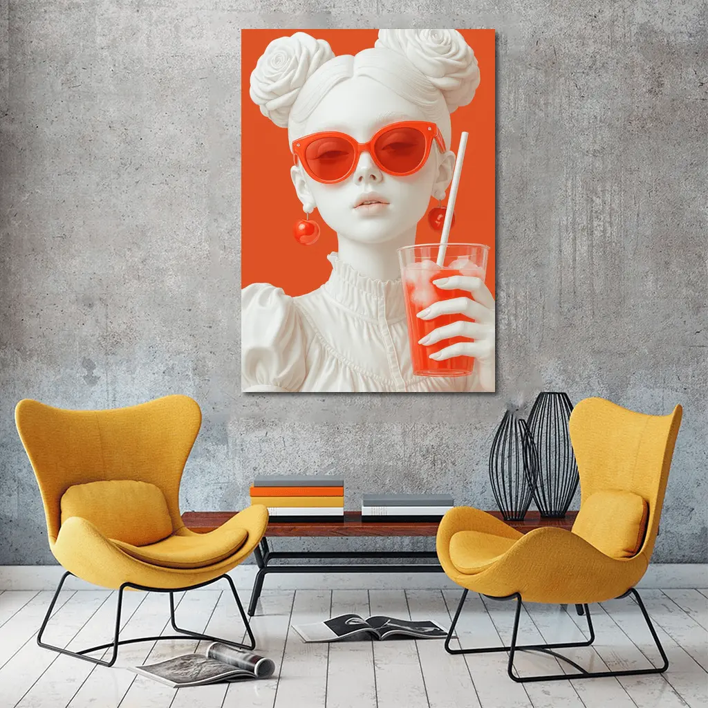 White Sculpture Girl Red Sunglasses Orange Background – Wall Art
