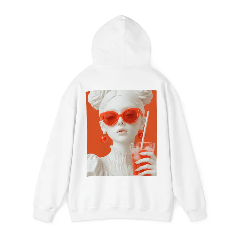White Sculpture Girl Red Sunglasses Orange Background – Hoodies