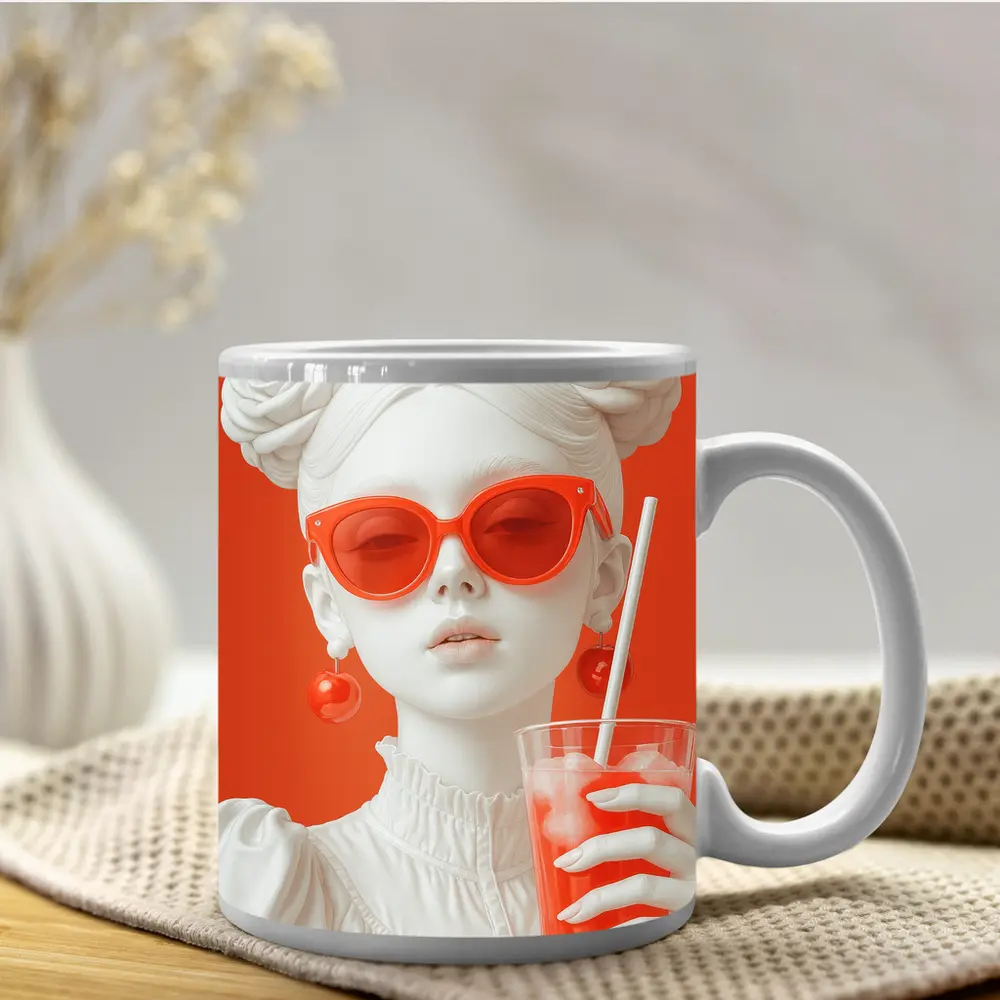 White Sculpture Girl Red Sunglasses Orange Background – Mugs