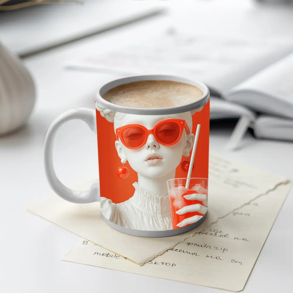 White Sculpture Girl Red Sunglasses Orange Background – Mugs