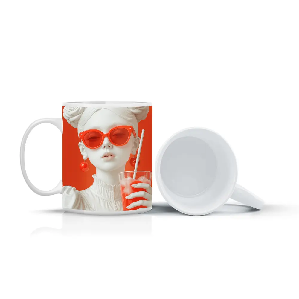 White Sculpture Girl Red Sunglasses Orange Background – Mugs