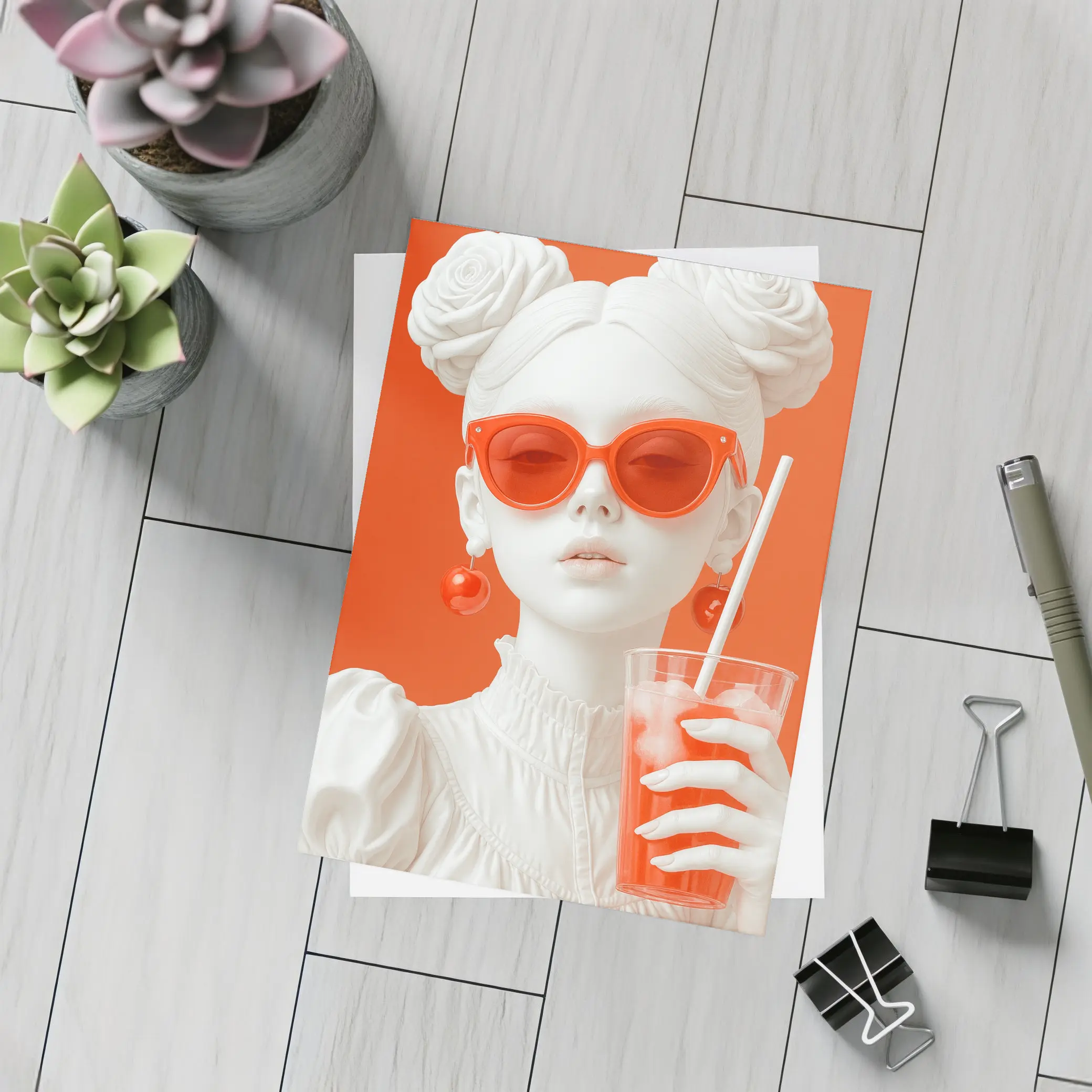 White Sculpture Girl Red Sunglasses Orange Background – Postcards