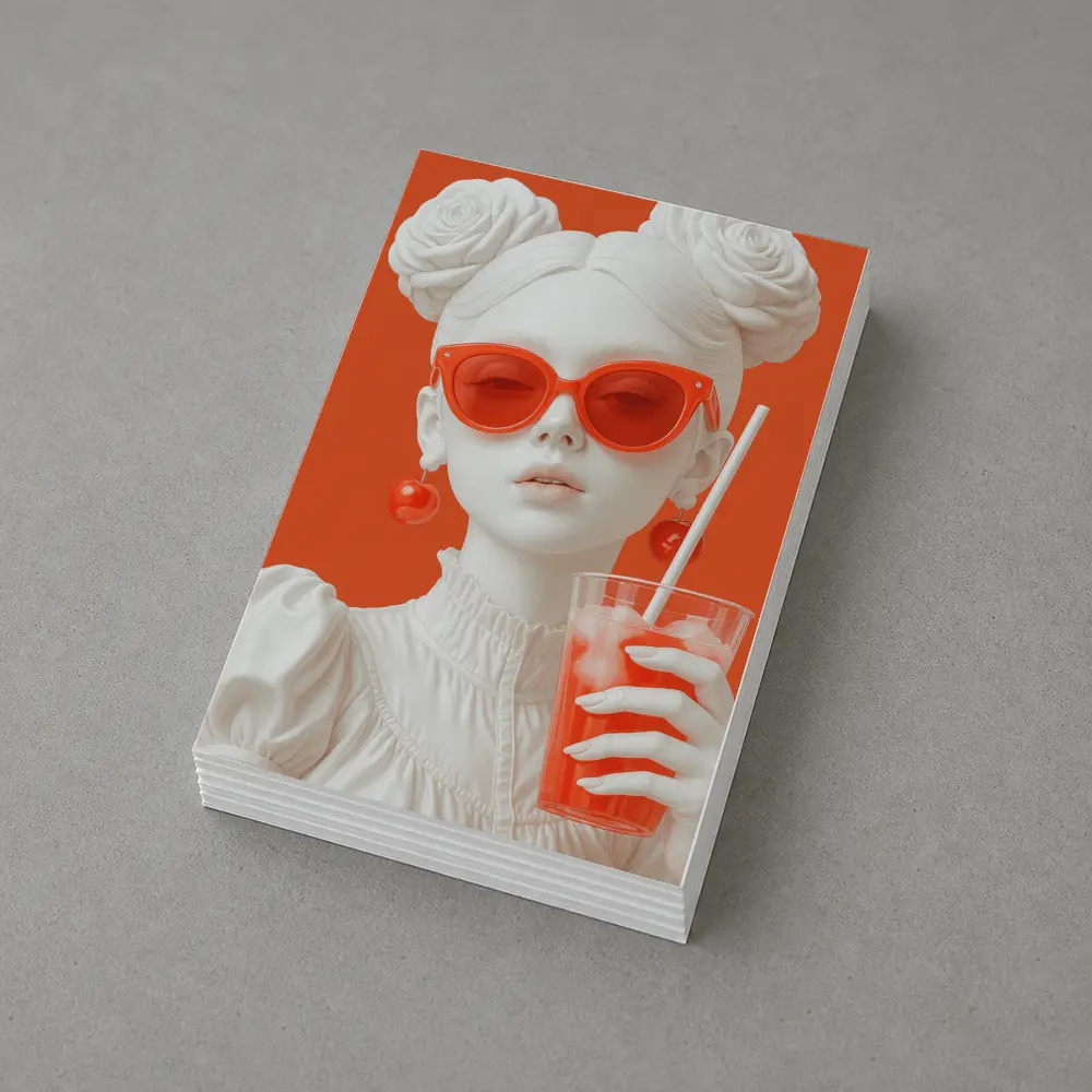 White Sculpture Girl Red Sunglasses Orange Background – Postcards