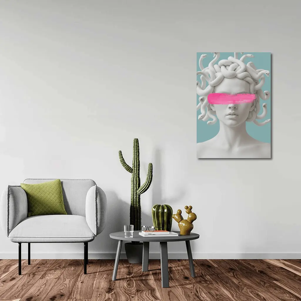 Medusa Sculpture Pink Brushstroke Teal Background – Wall Art