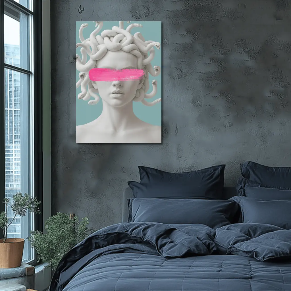 Medusa Sculpture Pink Brushstroke Teal Background – Wall Art