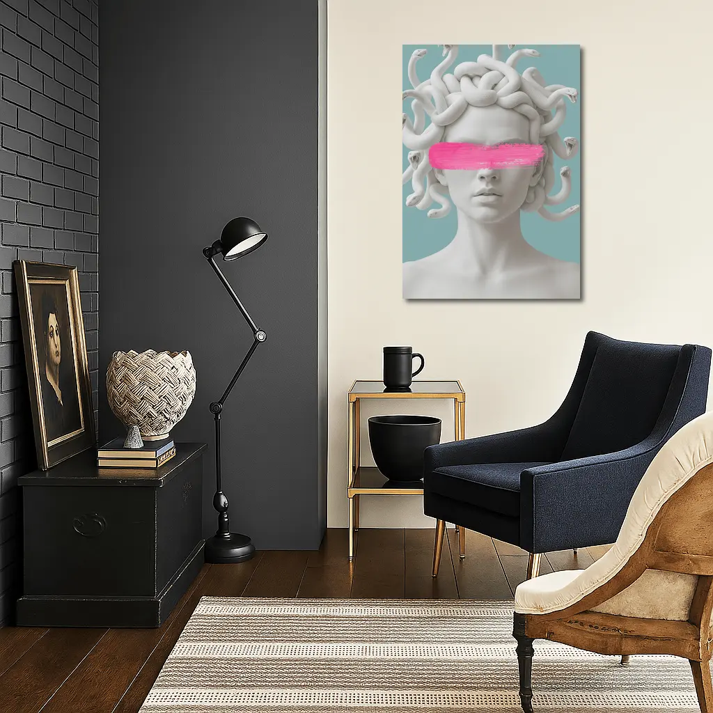 Medusa Sculpture Pink Brushstroke Teal Background – Wall Art