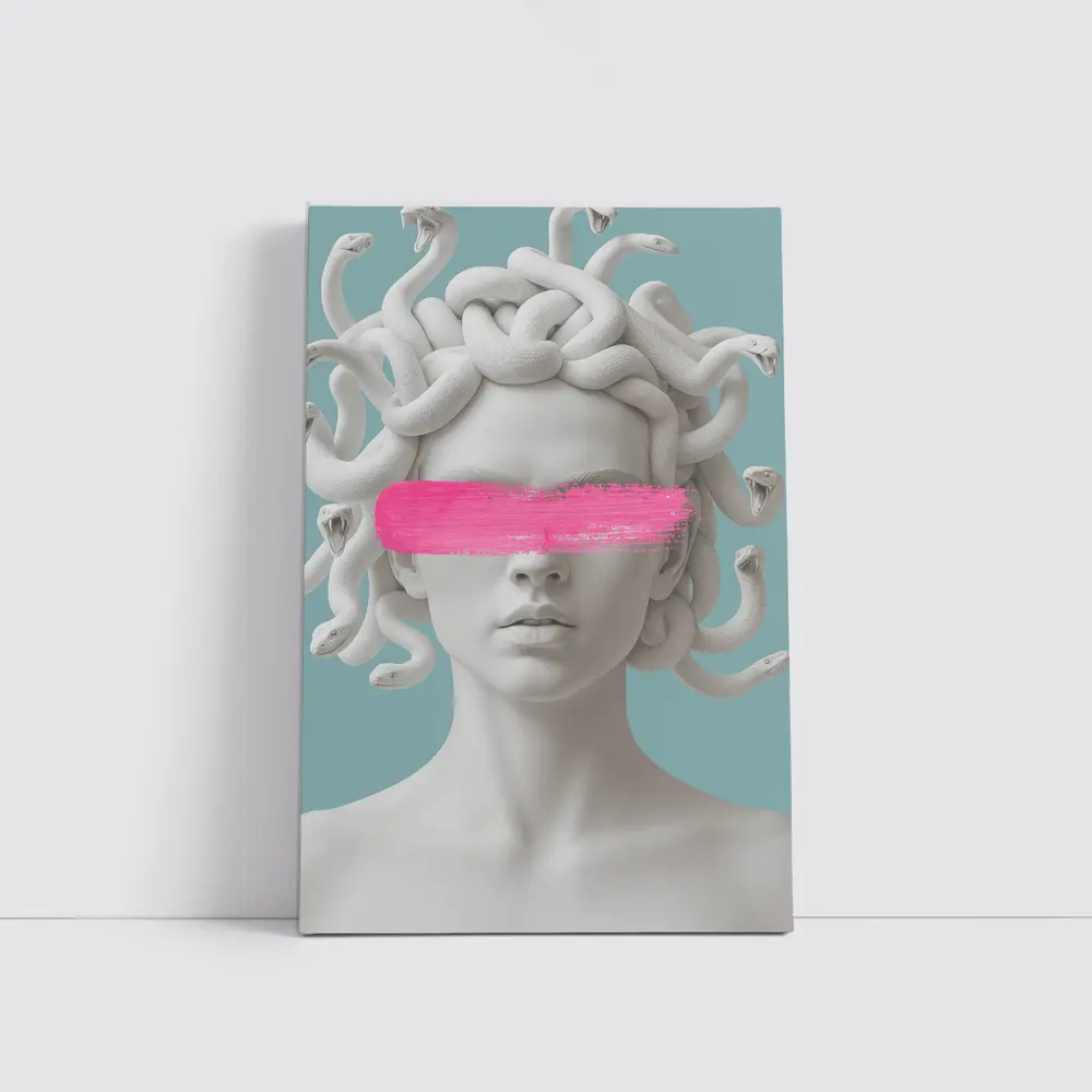 Medusa Sculpture Pink Brushstroke Teal Background – Wall Art
