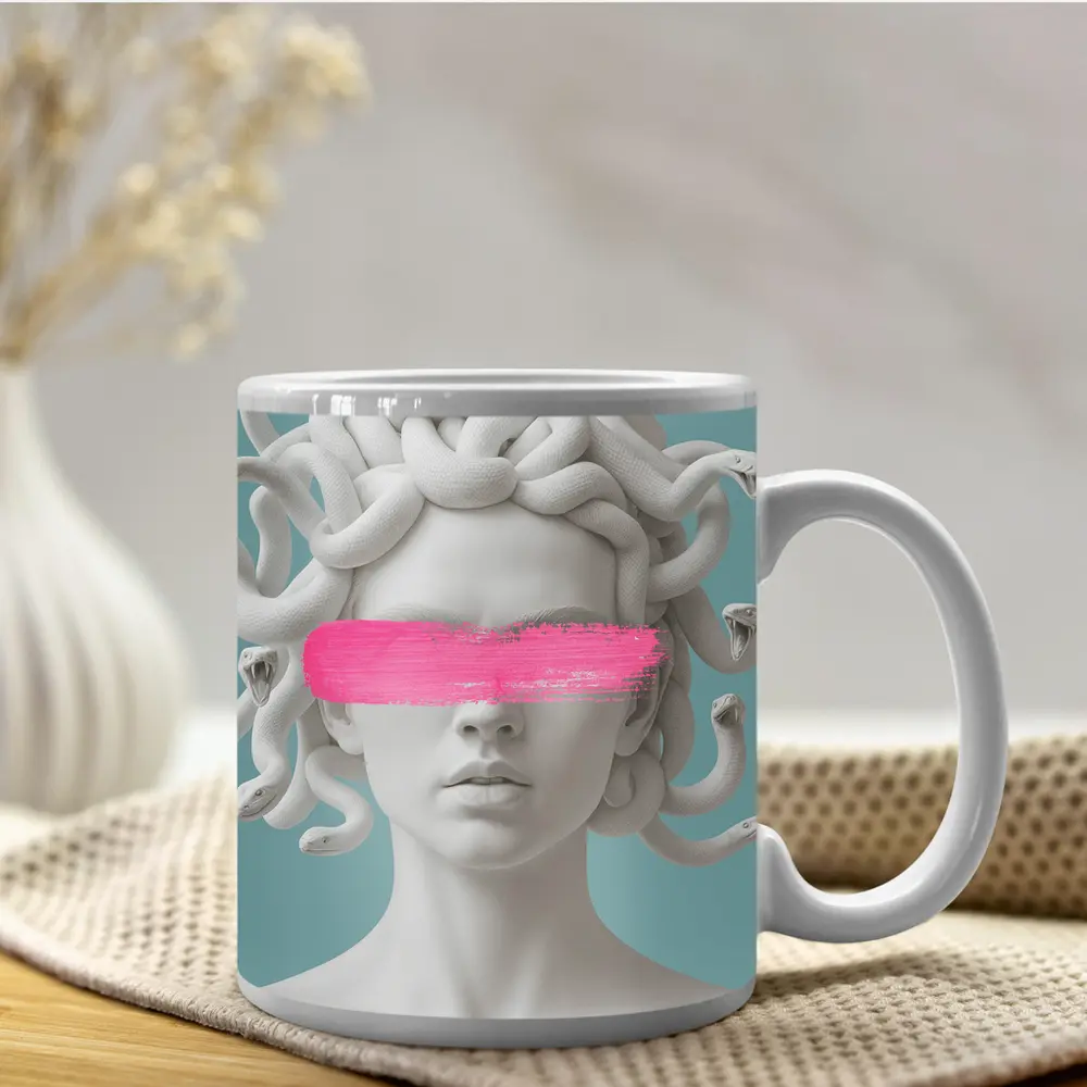 Medusa Sculpture Pink Brushstroke Teal Background – Mugs