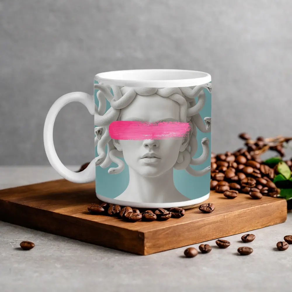 Medusa Sculpture Pink Brushstroke Teal Background – Mugs