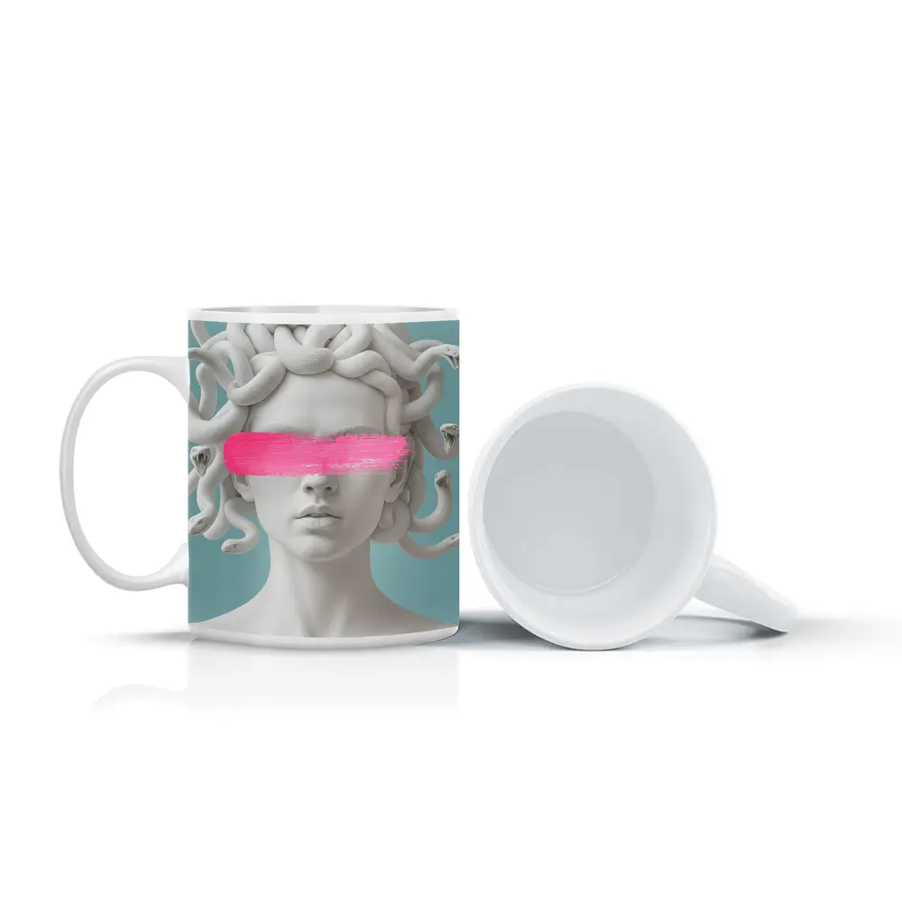 Medusa Sculpture Pink Brushstroke Teal Background – Mugs
