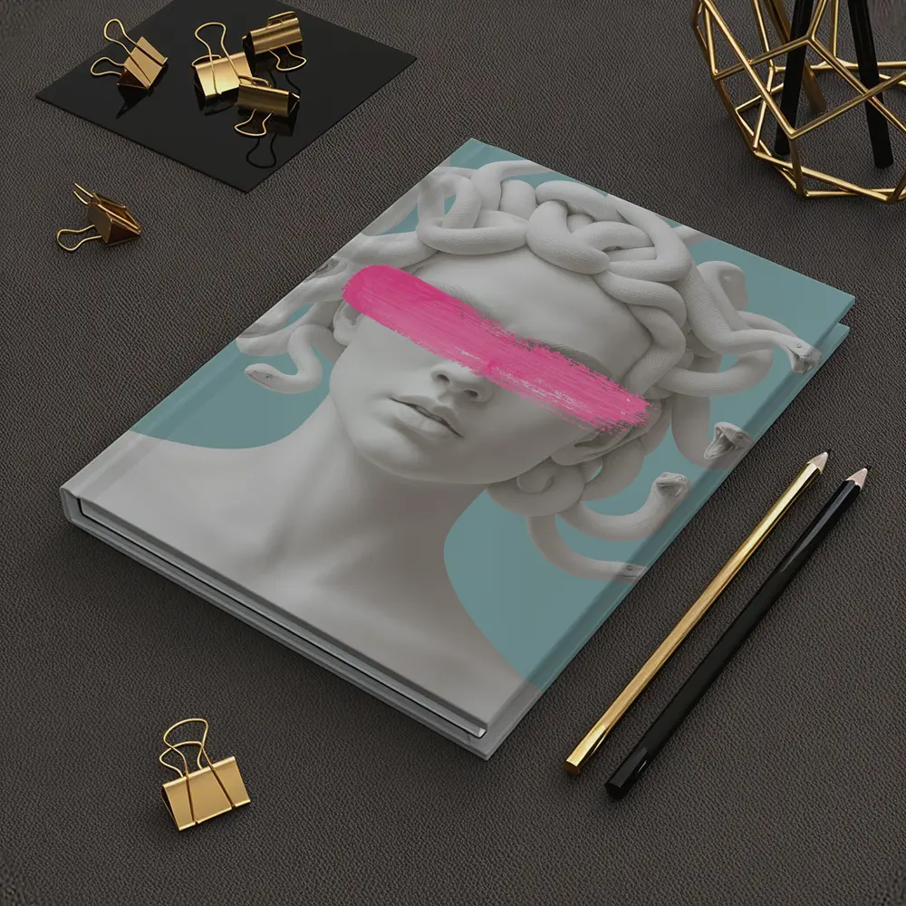 Medusa Sculpture Pink Brushstroke Teal Background – Notebooks