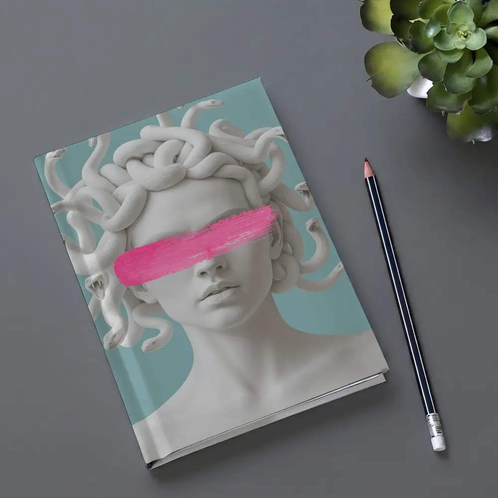 Medusa Sculpture Pink Brushstroke Teal Background – Notebooks