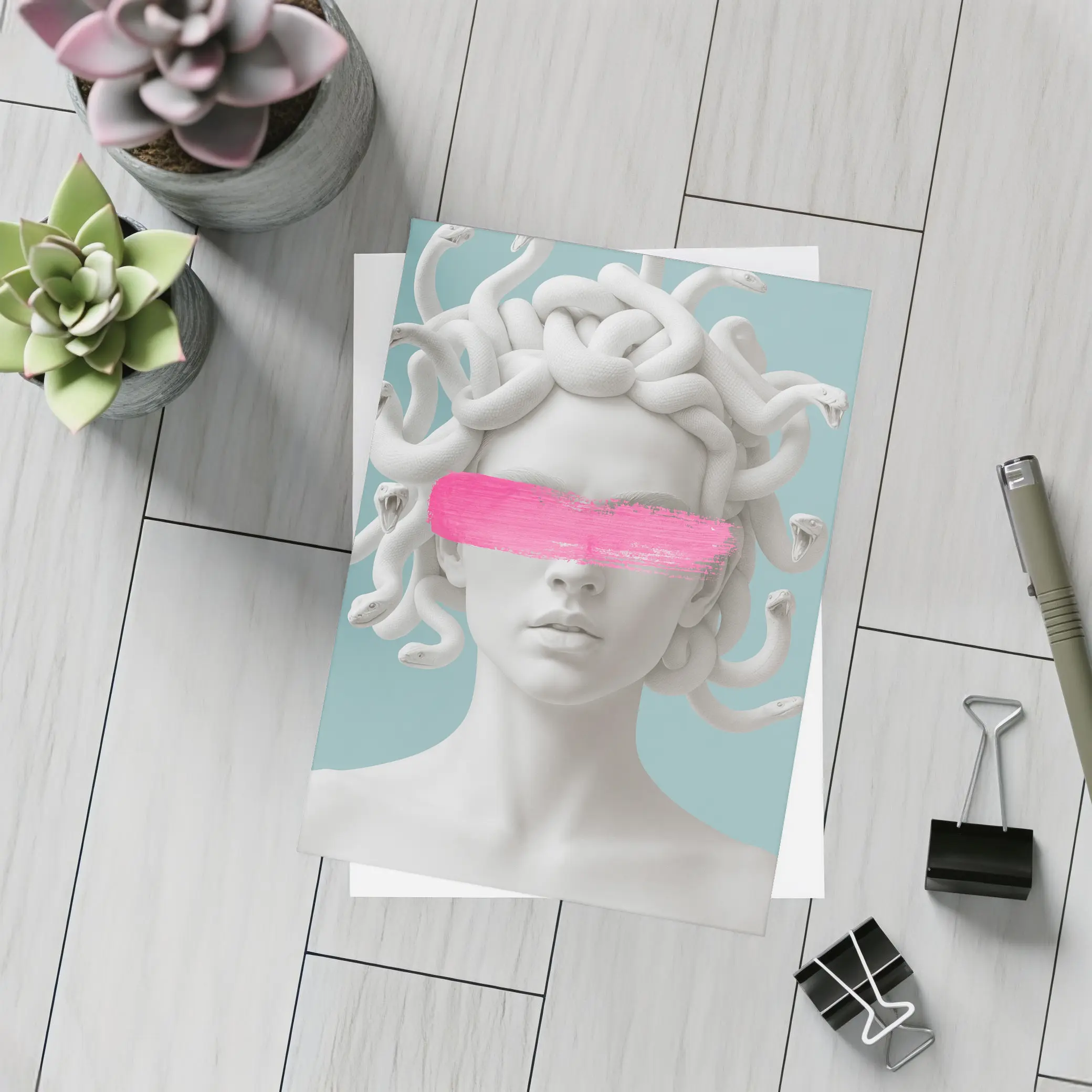 Medusa Sculpture Pink Brushstroke Teal Background – Postcards