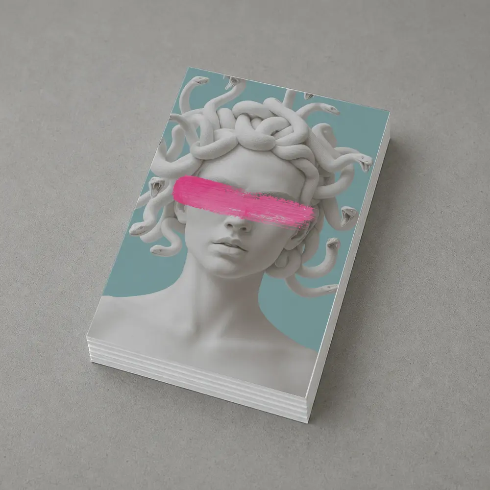 Medusa Sculpture Pink Brushstroke Teal Background – Postcards