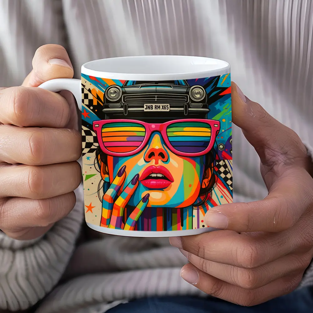Pop Art Woman Rainbow Glasses Retro Car – Mugs