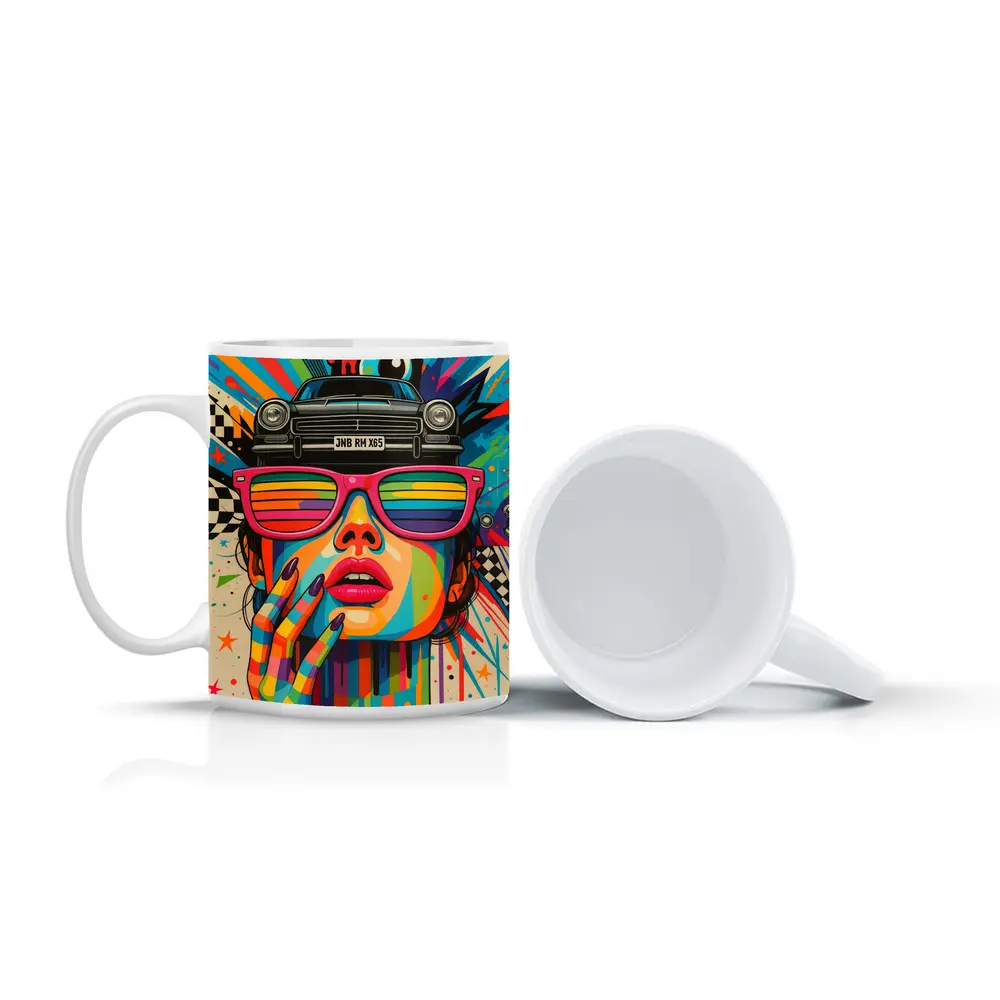 Pop Art Woman Rainbow Glasses Retro Car – Mugs