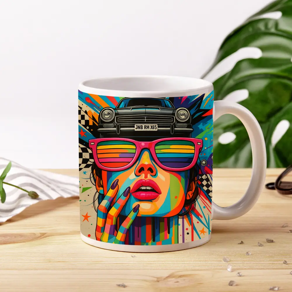 Pop Art Woman Rainbow Glasses Retro Car – Mugs