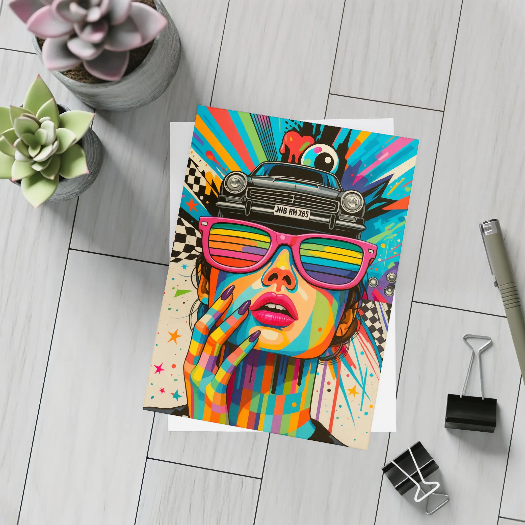 Pop Art Woman Rainbow Glasses Retro Car – Postcards