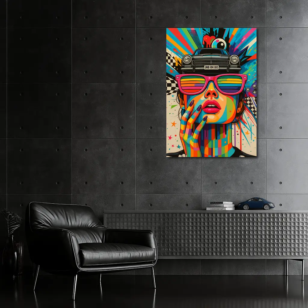 Pop Art Woman Rainbow Glasses Retro Car – Wall Art