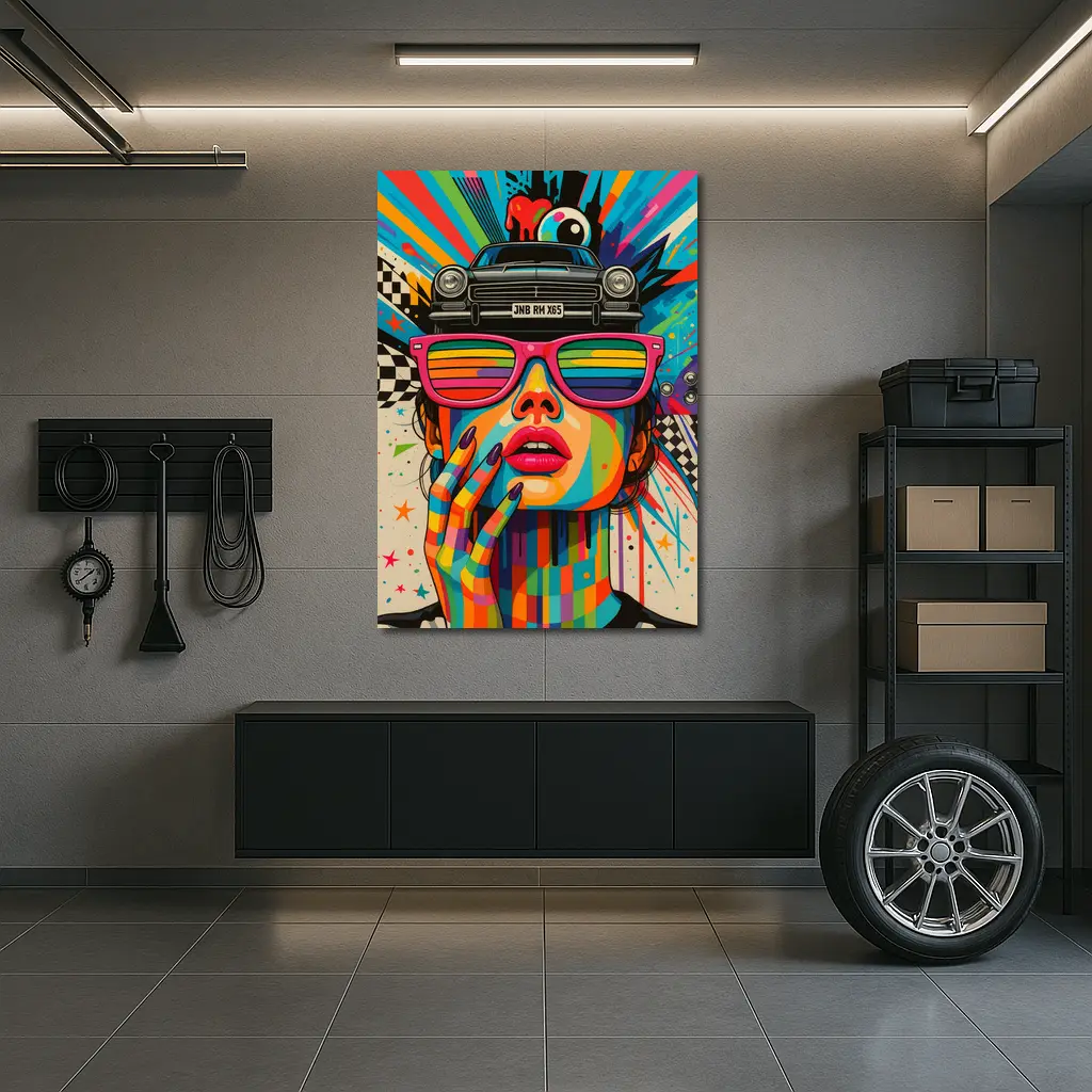 Pop Art Woman Rainbow Glasses Retro Car – Wall Art