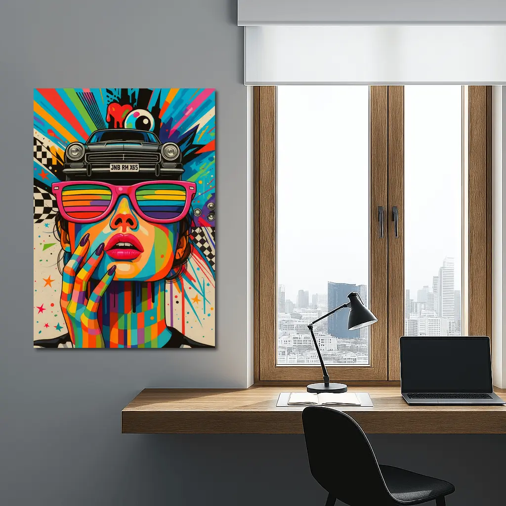 Pop Art Woman Rainbow Glasses Retro Car – Wall Art