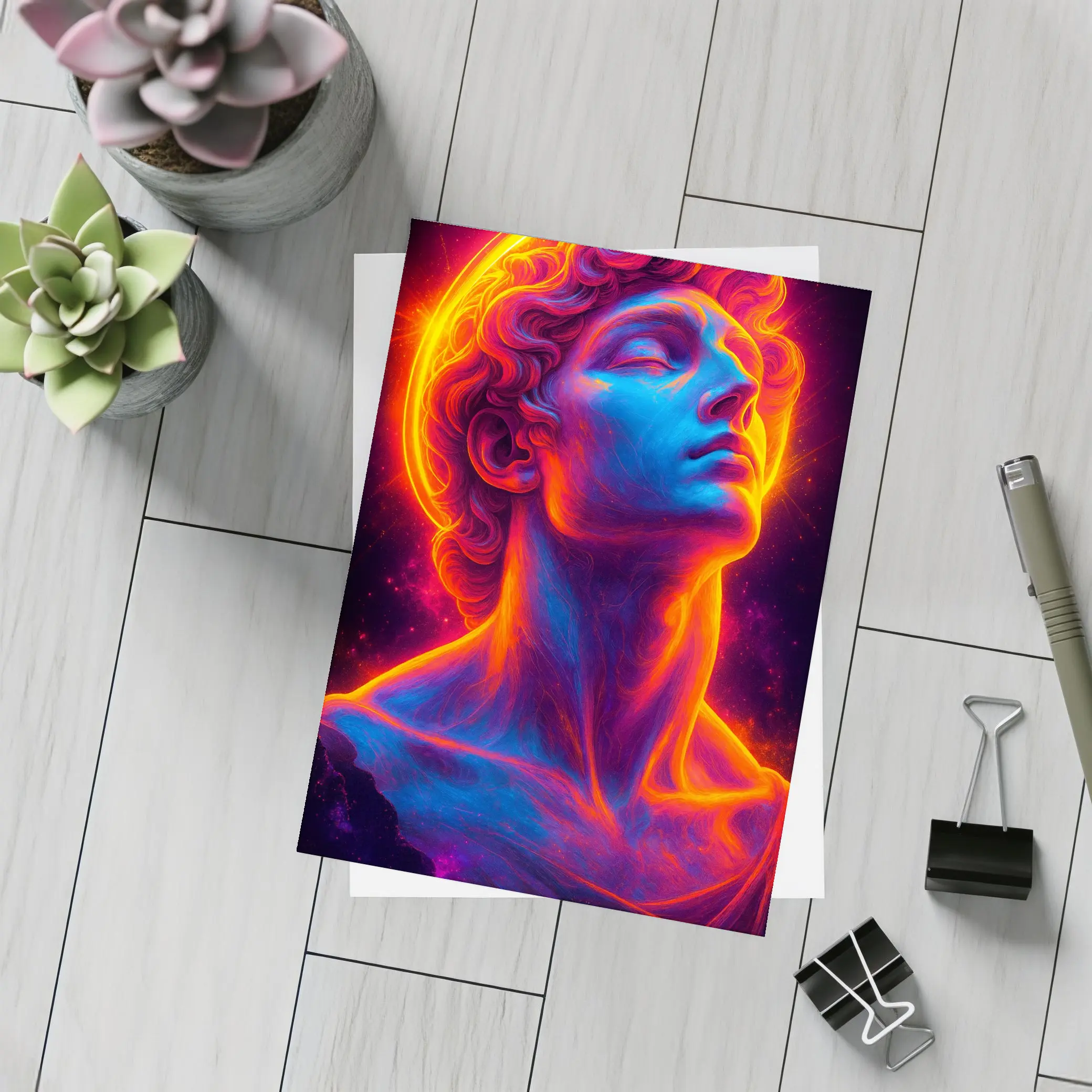 Neon Greek Statue Glowing Cosmic Light – Postcards