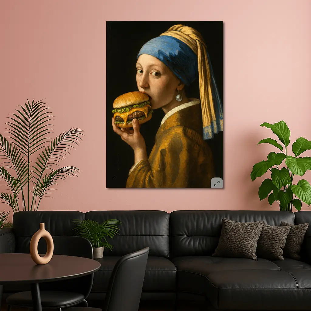 Girl With Pearl Earring Eating Burger – Wall Art