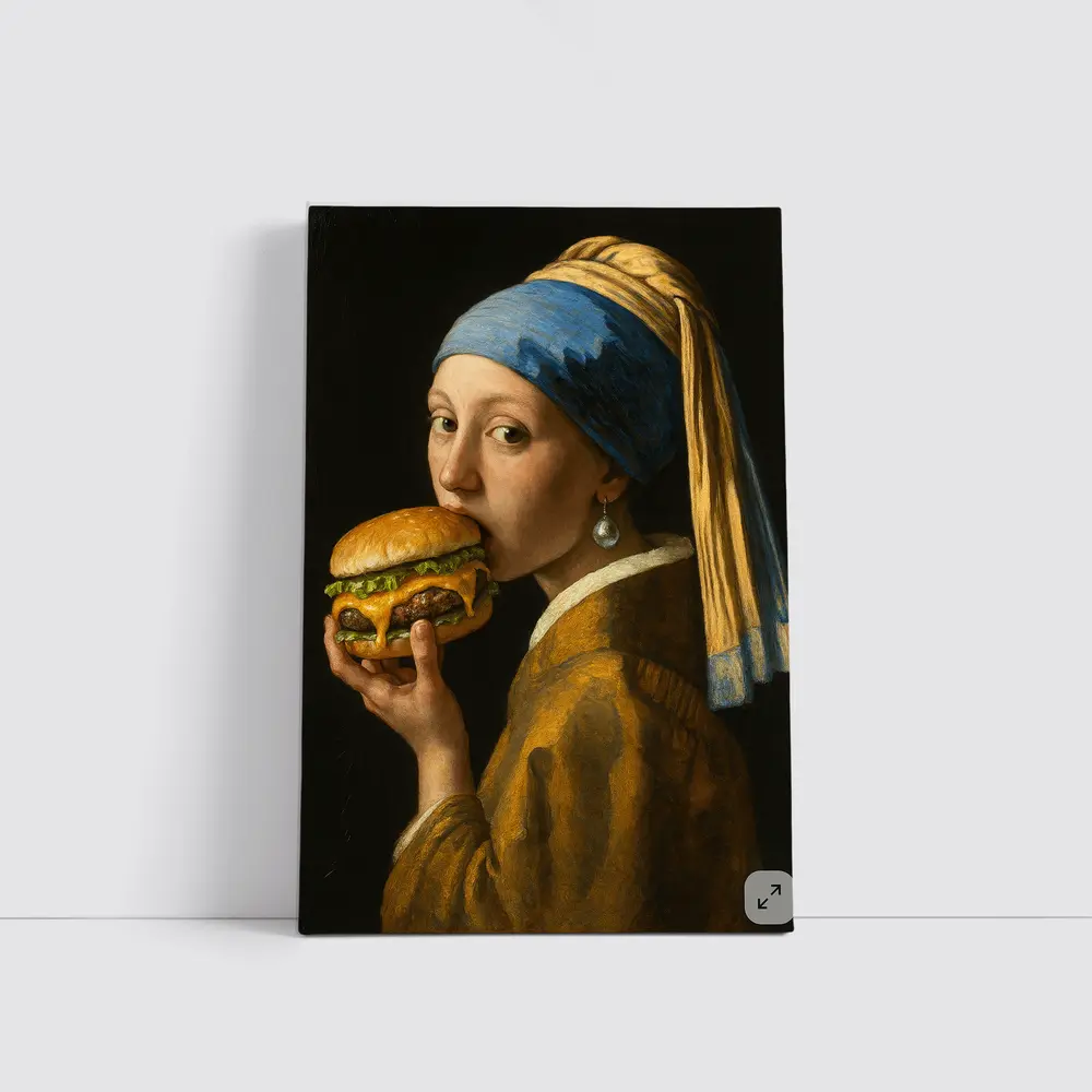 Girl With Pearl Earring Eating Burger – Wall Art