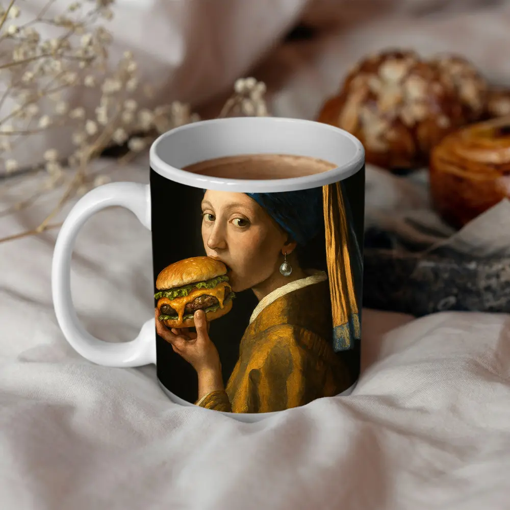 Girl With Pearl Earring Eating Burger – Mugs